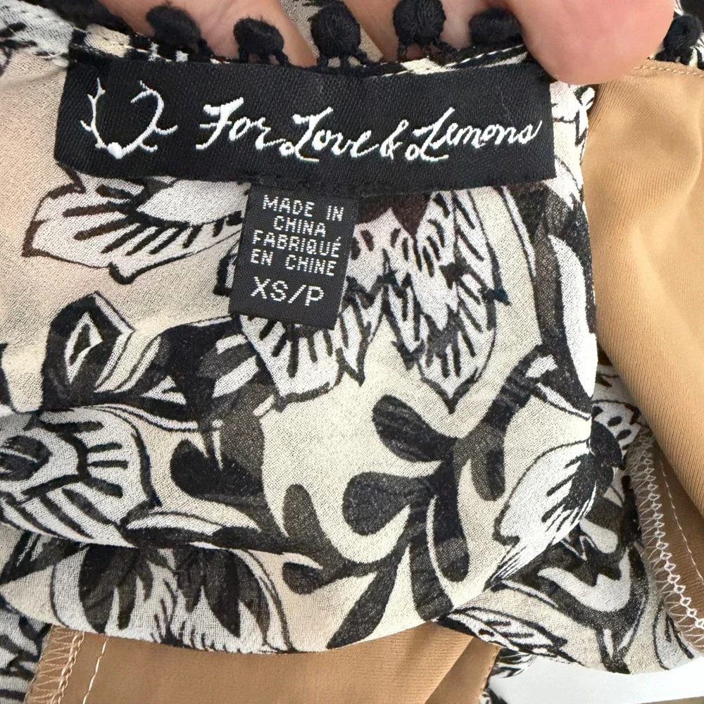 For Love & Lemons Maxi Dress Womens XS Black Cream Floral Pom Pom Bodysuit